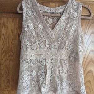 i.e. Petite sheer lacy tank, cream colored, size Petite Medium